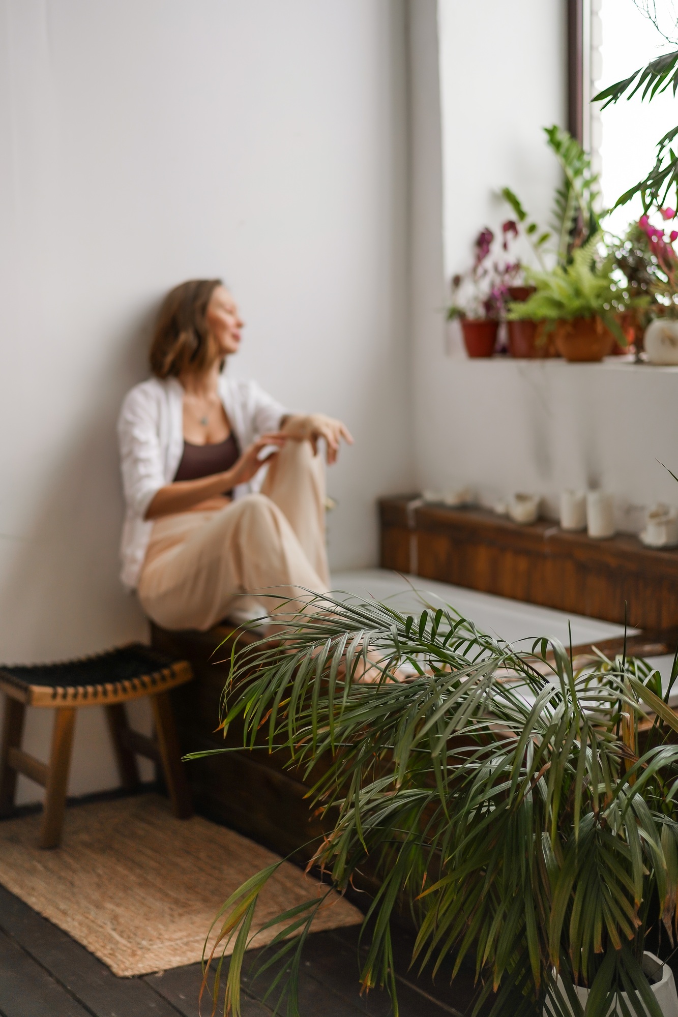 beautiful girl is engaged in morning self-care
