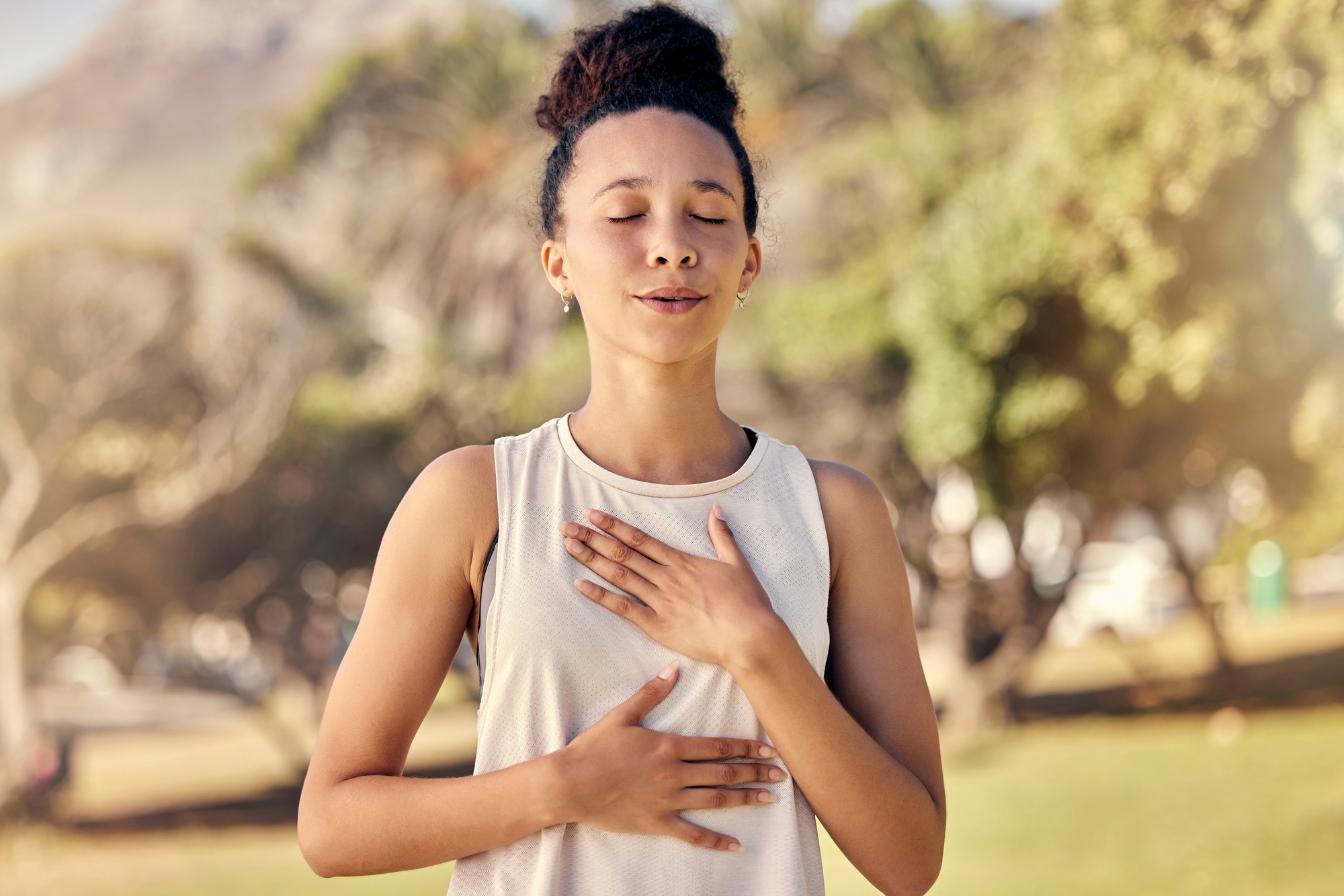 Fitness, woman and yoga breathing in relax for spiritual wellness, mental wellbeing or calm exercis